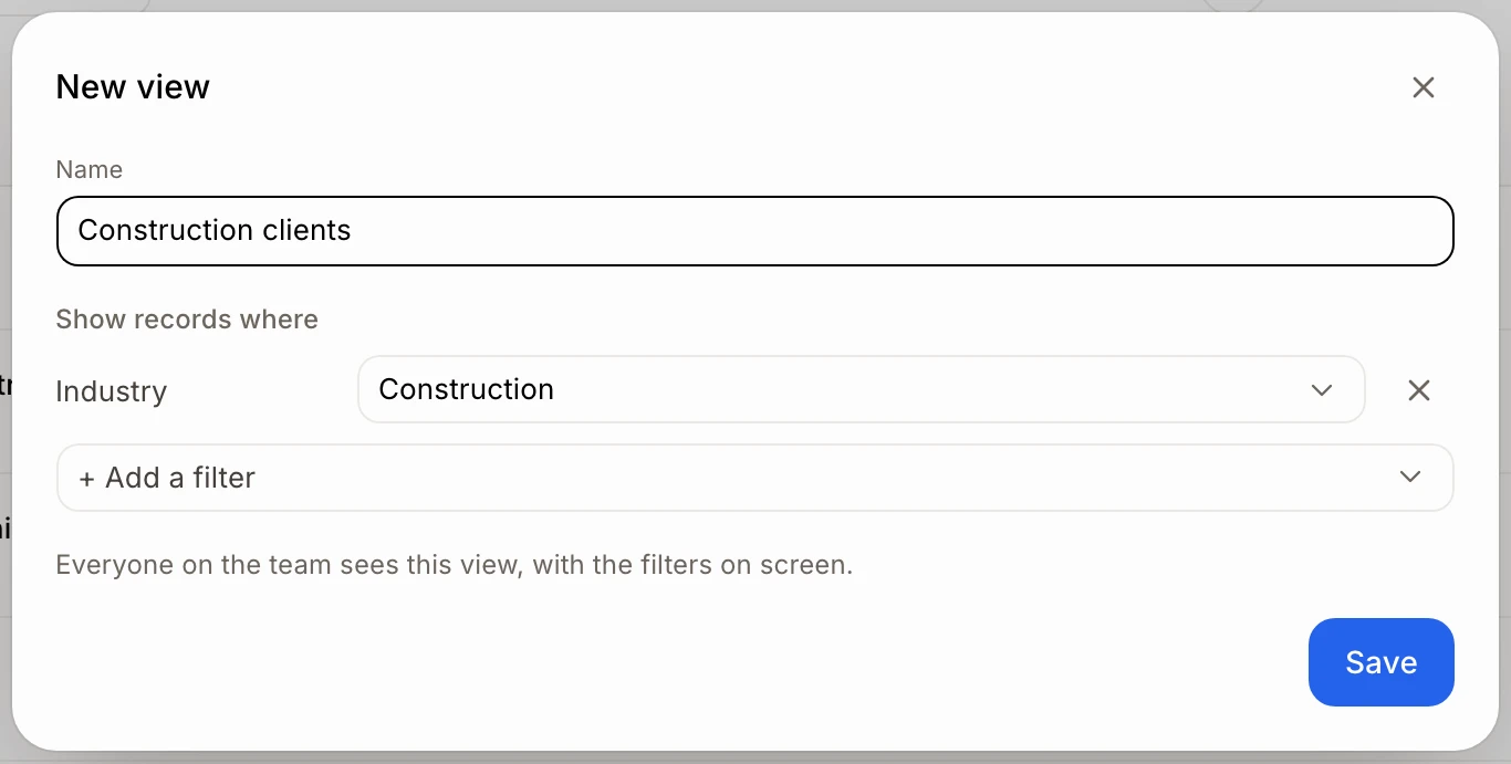 La fenêtre Nouvelle vue avec un nom et un filtre Secteur d'activité
