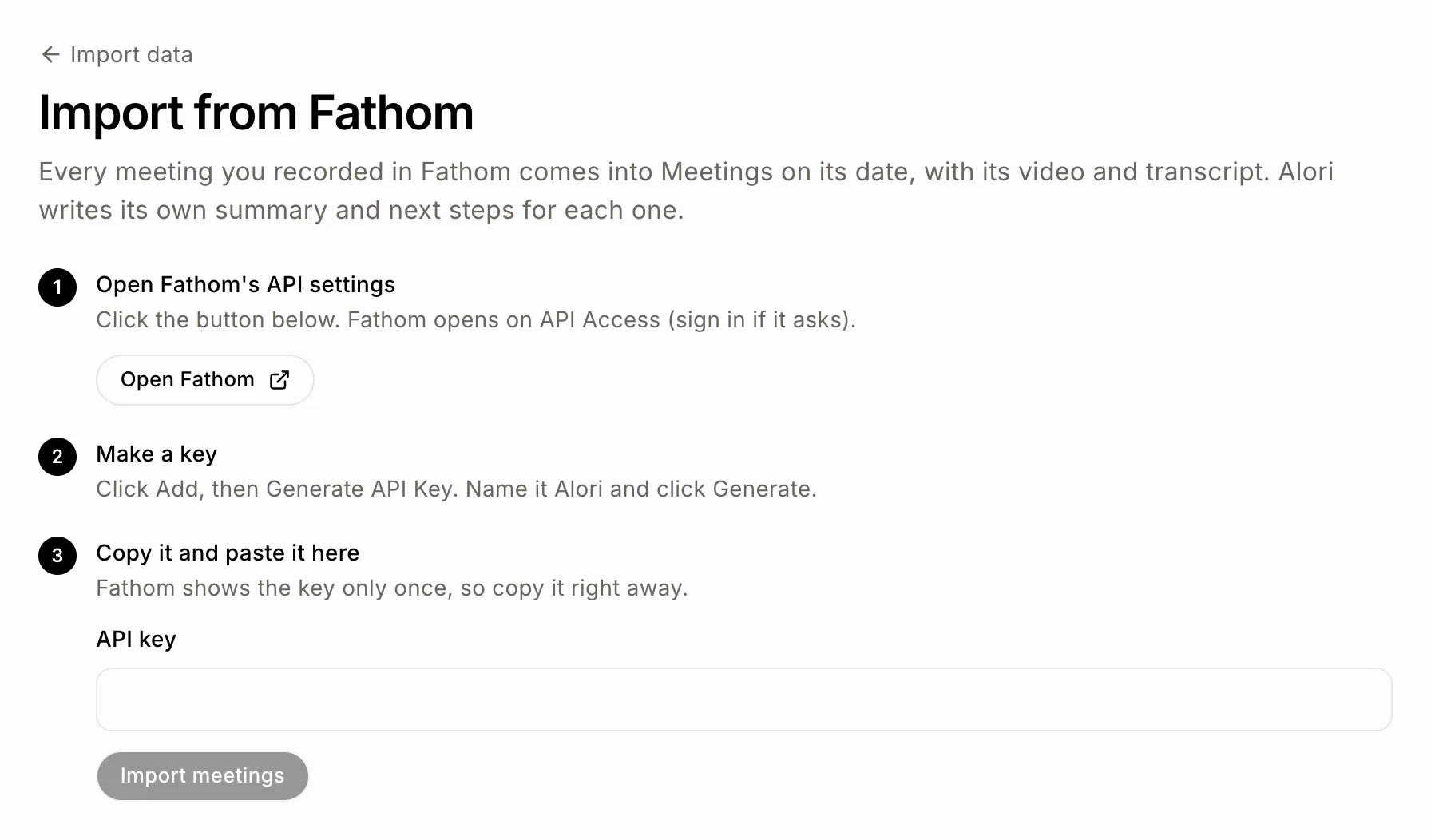 Les trois étapes Fathom, avec Open Fathom API settings et le champ de clé API