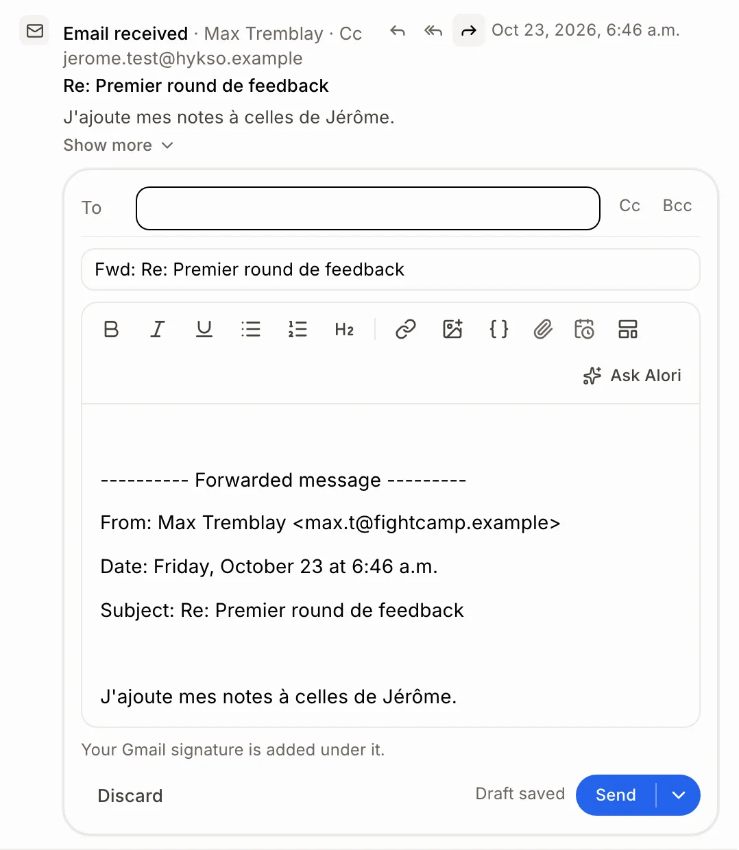 The forward box open under the email, with the original copied in