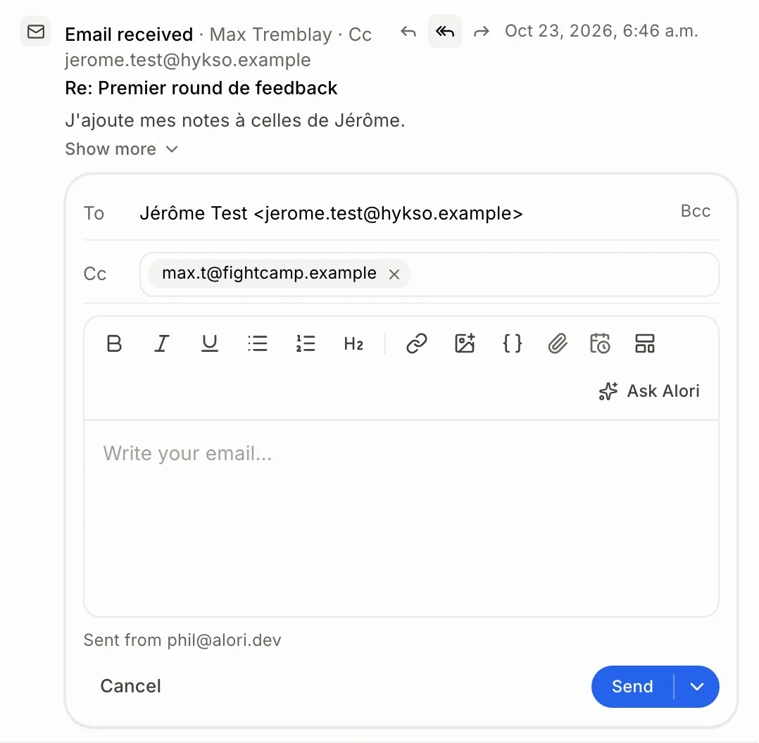 The reply box open under the email, with To and Cc filled in
