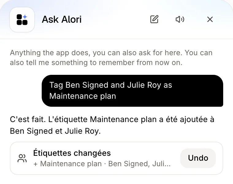 Ask Alori tagging two customers, with Undo