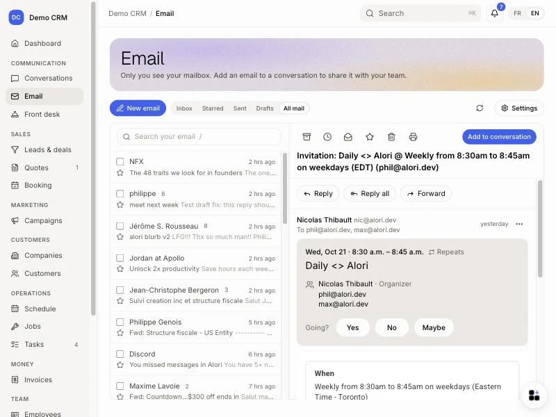 An invitation card on the Email page