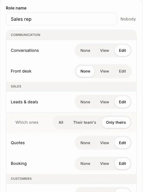 A role open, with None, View and Edit for each module and Which ones under Leads & deals