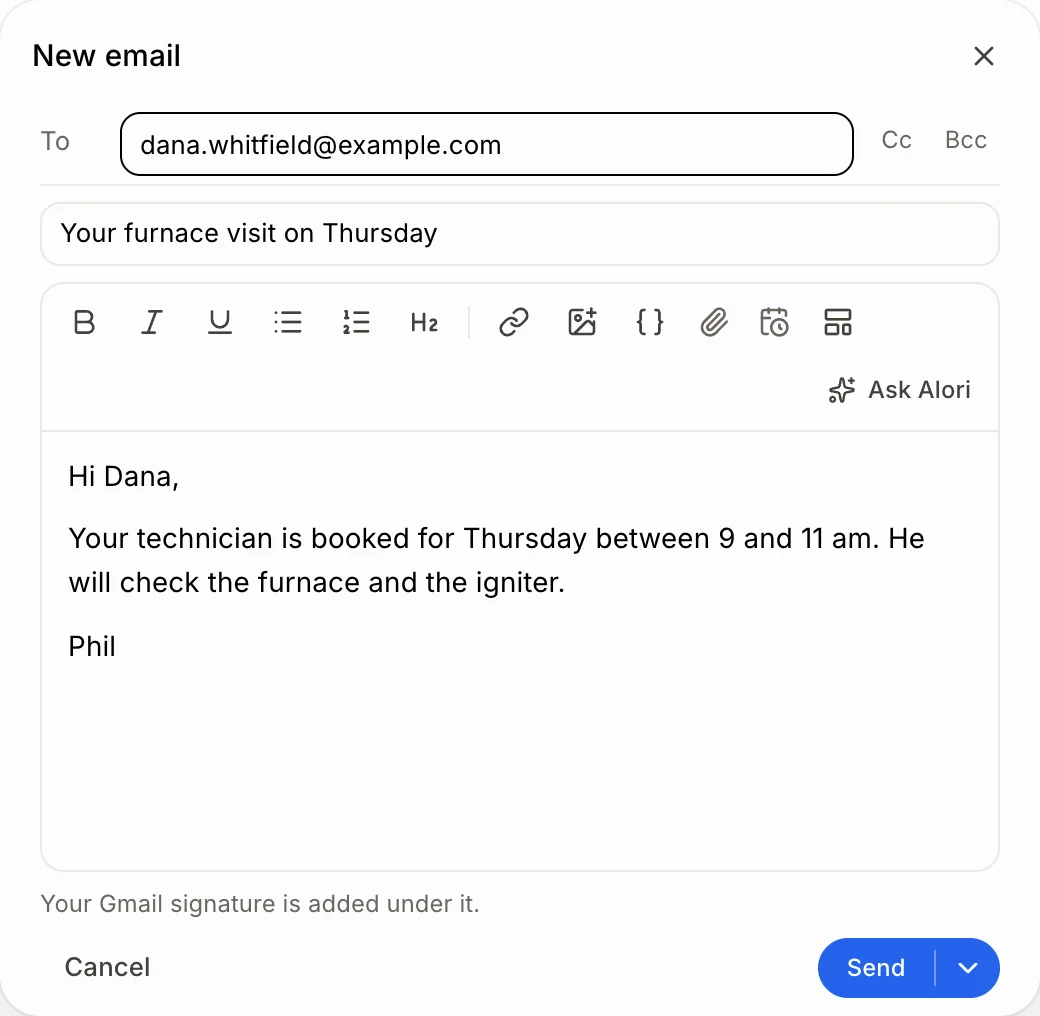 The new email window with Send and Send later