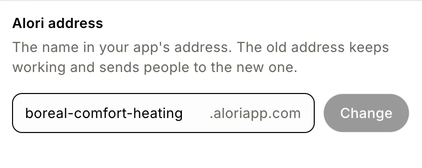 The Alori address box ending in .aloriapp.com, with the Change button