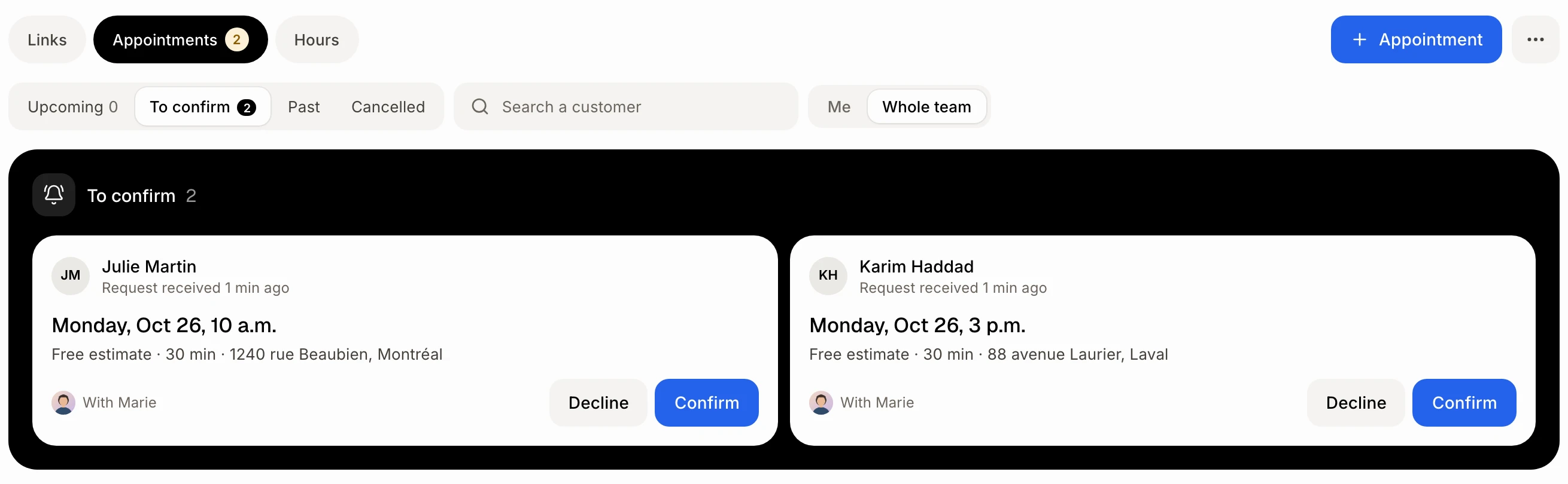 To confirm cards on the Appointments tab