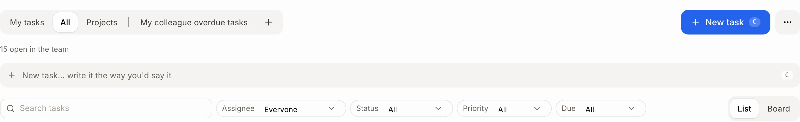 The Tasks page with the List and Board switch